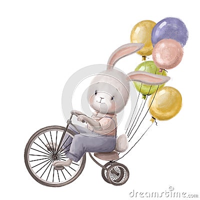 Cute party rabbit on the bicycle with air balloons, hand drawn cartoon character, lovely holiday clipart Stock Photo