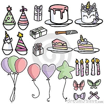 Cute party supply cartoon vector illustration motif set. Hand drawn party hat, present, unicorn cake and balloon. Pastel Cartoon Illustration