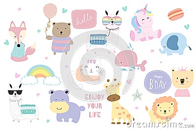 Cute pastel animal icon with fox,bear,llama,unicorn,lion,giraffe,hippopotamus,cat,elepahnt and rainbow Vector Illustration