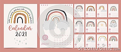 Cute pastel calendar 2021 with rainbow,rain,cloud for children, kid, baby Vector Illustration