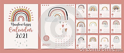 Cute pastel calendar 2021 with rainbow,rain,cloud for children, kid, baby Vector Illustration