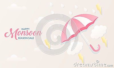 Cute Pastel Color Scheme and Paper Cut Style Happy Monsoon Season Sale Banner Background Vector Illustration