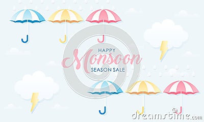 Cute Pastel Color Scheme and Paper Cut Style Happy Monsoon Season Sale Banner Background Stock Photo