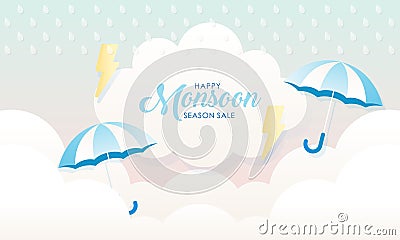 Cute Pastel Color Scheme and Paper Cut Style Happy Monsoon Season Sale Banner Background Vector Illustration