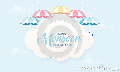 Cute Pastel Color Scheme and Paper Cut Style Happy Monsoon Season Sale Banner Background Vector Illustration