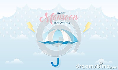 Cute Pastel Color Scheme and Paper Cut Style Happy Monsoon Season Sale Banner Background Stock Photo