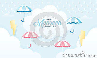 Cute Pastel Color Scheme and Paper Cut Style Happy Monsoon Season Sale Banner Background Stock Photo