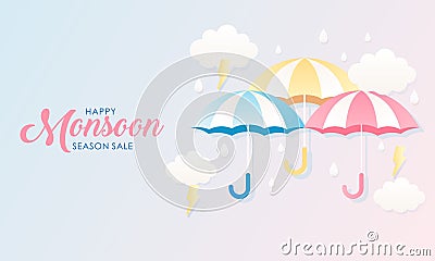 Cute Pastel Color Scheme and Paper Cut Style Happy Monsoon Season Sale Banner Background Stock Photo