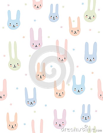 Cute Pastel Color Smiling Bunnies Vector Pattern. Lovely Kawaii Rabbits on a White Background. Vector Illustration