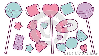 Cute pastel colored cartoon vector collection set with different sweets like candy, fruit gum, lollipops, hearts and stars Stock Photo