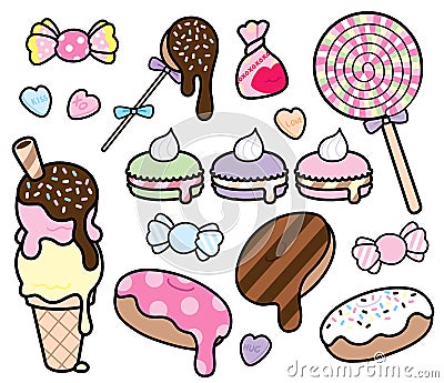 Cute Pastel Colored Desserts and Candies Vector Set Stock Photo