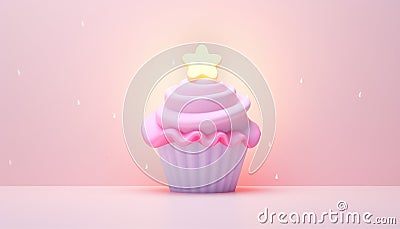 Cute pastel 3D cupcake pink and purple background. Vanilla cupcake with white whipped cream and vanilla biscuit cake in Cartoon Illustration