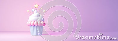 Cute pastel 3D cupcake pink and purple background. Vanilla cupcake with white whipped cream and vanilla biscuit cake in Cartoon Illustration