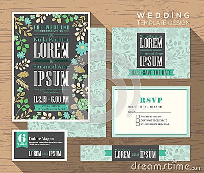 Cute pastel floral pattern wedding invitation set Template Vector Illustration