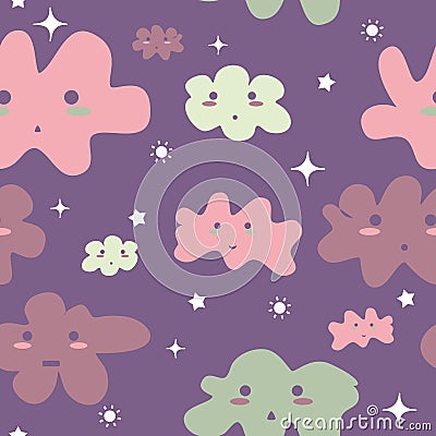 Cute pastel happy cloud smile and shy face on night sky, star, sun background. Vector Illustration