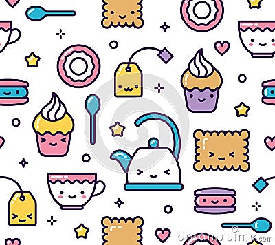 Cute pastel kawaii seamless pattern tea party items Vector Illustration