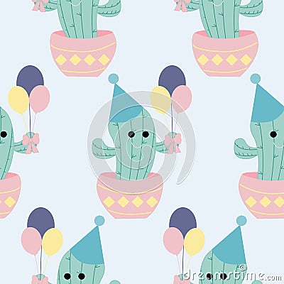 Cute pastel party cactus and balloons in a seamless pattern design Vector Illustration
