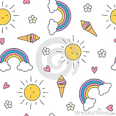 Cute pastel seamless pattern with ice cream, sun, flowers and rainbows Vector Illustration
