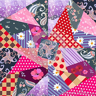 Cute patchwork pattern with paisley, polka dot, floral and checkered patshes in vector Vector Illustration