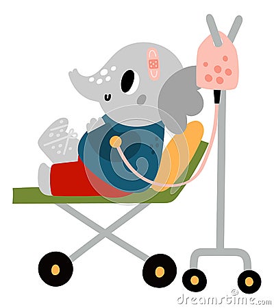 Cute patient animal. Sick cartoon character. Elephant on medical gurney with dropper. Injured creature in hospital Vector Illustration