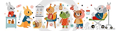 Cute patients animals. Sick cartoon characters. Injured kangaroo. Bear with bad teeth. Squirrel at oculist appointment Vector Illustration