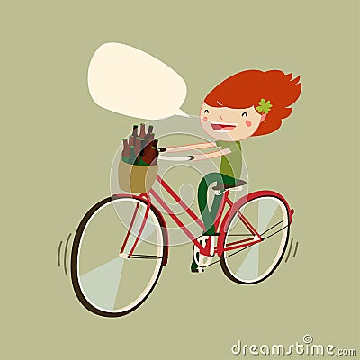 Cute patrick's day girl on bicycle. cartoon girl cycling. vector illustration Vector Illustration