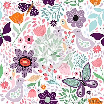 Floral decorative seamless pattern with butterflies and different flowers Vector Illustration