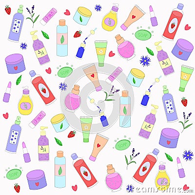 Cute pattern with cosmetics. Seamless pattern with makeup. Cartoon Illustration