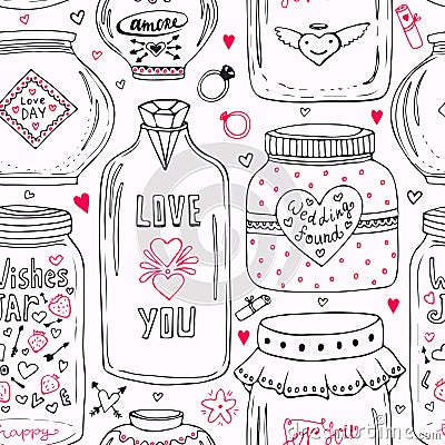 Cute pattern with doodle sweet mason jars. Valentines seamless background. Vector wishes jar with lettering. Love day hipster prin Vector Illustration