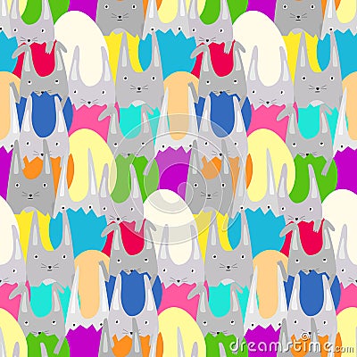Cute pattern with easter rabbits in color eggs Stock Photo