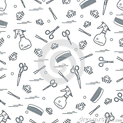 Cute pattern of scissors, combs, hairclip, hairpins and sprayer. Vector Illustration