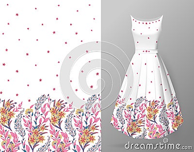 Cute pattern in small flowers and herbs. Seamless vertical background. An example of the pattern of the dress mock up Vector Illustration
