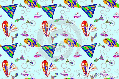 Cute pattern wallpaper, seamless cartoon style, light blue cream background, colorful guppy pattern, can be connected infinitely, Stock Photo