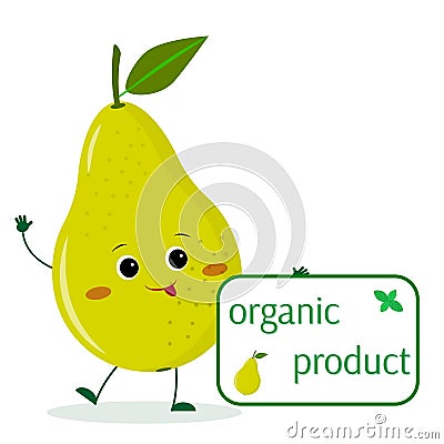 A cute pear green cartoon character holds a plate of organic foods. Vector Illustration