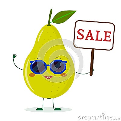 Cute pear green cartoon character in sunglasses keeps a sale sign. Vector Illustration