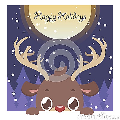 Cute peeking reindeer Christmas greeting Vector Illustration