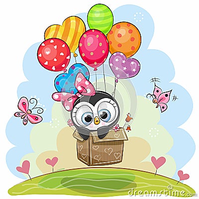 Cute Penguin in the box is flying on balloons Vector Illustration