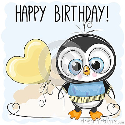 Cute Penguin Boy with a balloon Vector Illustration