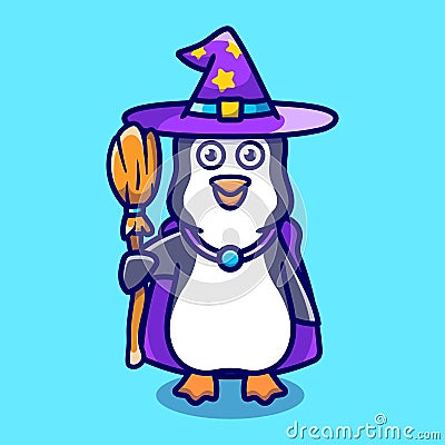 cute penguin carrying flying broom Vector Illustration