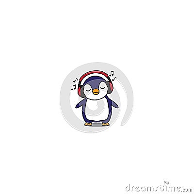 Cute penguin cartoon with red headphones, baby penguin listening music icon Vector Illustration