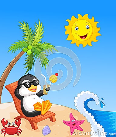 Cute penguin cartoon sitting on beach chair Vector Illustration