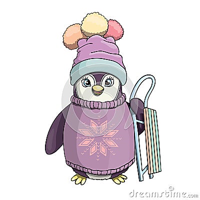 Cute penguin drawing with sleigh.Penguin character for kids. Vector Illustration