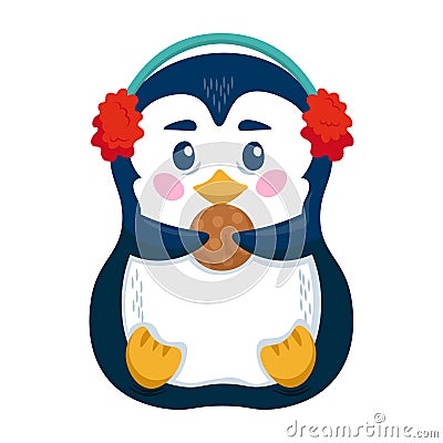 Cute penguin with earmuffs and cookie. Funny penguin cartoon character. Vector Illustration