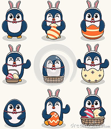 Cute Penguin on the Easter theme in cartoon. Vector Illustration