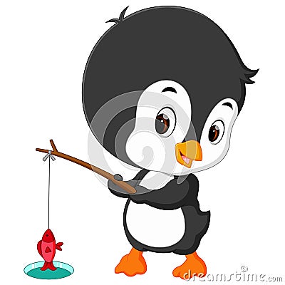 Cute penguin fishing Vector Illustration