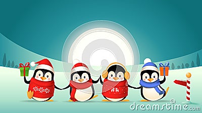 Cute penguin friends celebrate winter holidays - winter landscape background Vector Illustration