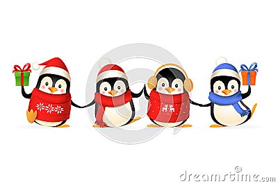 Cute penguin friends celebrate winter holidays - vector illustration isolated on white background Vector Illustration