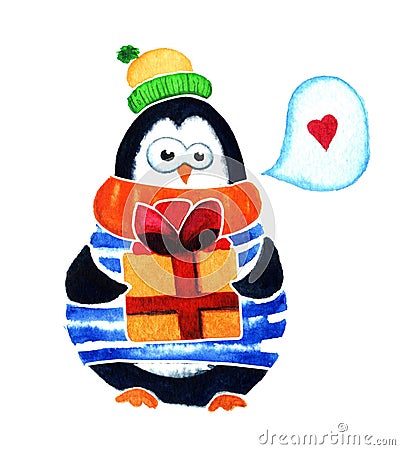 Cute penguin with gift dreams about love. Cartoon babies and little kids. Watercolor illustration on white background Cartoon Illustration