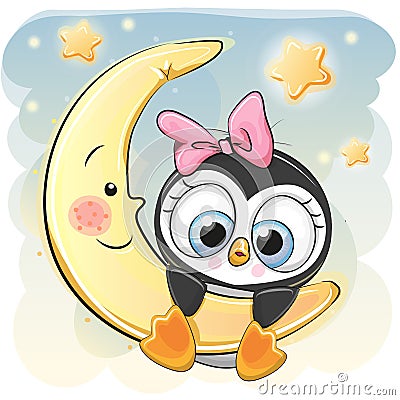 Cute Penguin girl on the moon Vector Illustration