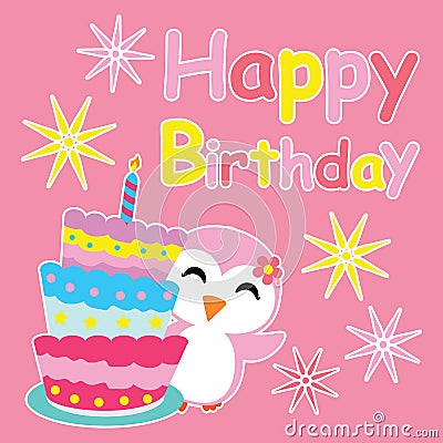 Cute penguin girl smiles beside birthday cake cartoon, Birthday postcard, wallpaper, and greeting card Stock Photo